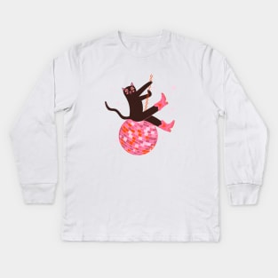 Yeehaw! Lets Party! Cute Cat in cowboy boots riding disco ball illustration Kids Long Sleeve T-Shirt